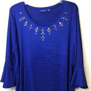 NWT APT. 9 Royal Blue Tunic Embellished W/Rhinestones Studs 3/4 Sleeves XXL